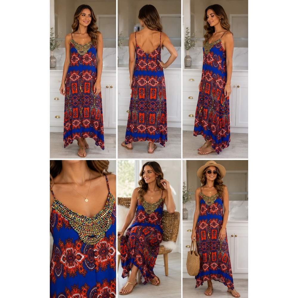 Eight Sixty Dress Womens Small Blue Orange Paisley Beaded Neck Handkerchief Hem